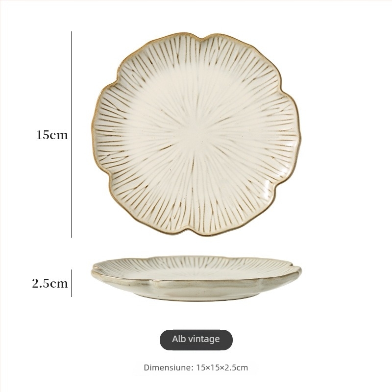 Farfurie de desert din ceramică, formă neregulată, stil retro luxos, finisaj sub glazură, compatibilă cu cuptorul cu microunde