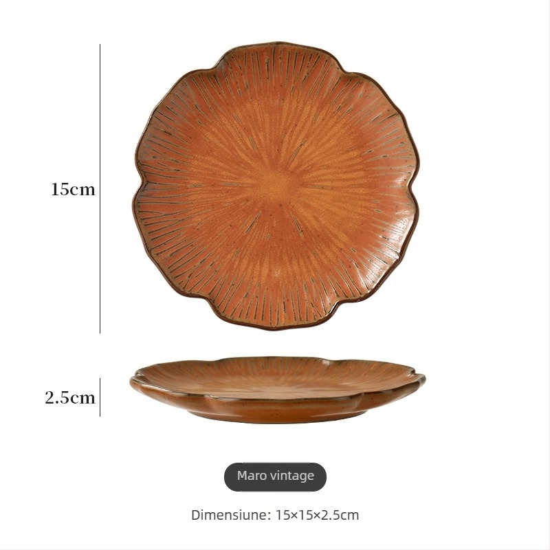 Farfurie de desert din ceramică, formă neregulată, stil retro luxos, finisaj sub glazură, compatibilă cu cuptorul cu microunde