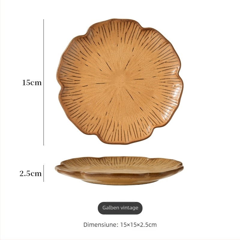 Farfurie de desert din ceramică, formă neregulată, stil retro luxos, finisaj sub glazură, compatibilă cu cuptorul cu microunde