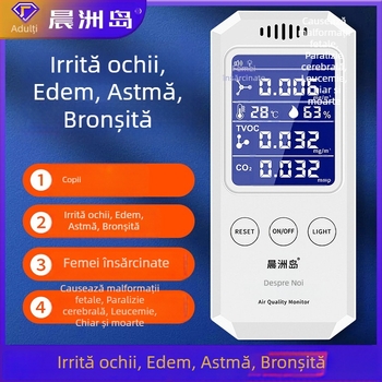 Detector de calitate a aerului cu formaldehidă, CO2 și VOC; încărcare USB; dimensiuni compacte 147×65×25 mm (HCHO 0–1.999 mg/m3, TVOC 0–9.999 mg/m3)