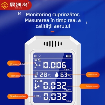 Detector de calitate a aerului cu formaldehidă, CO2 și VOC; încărcare USB; dimensiuni compacte 147×65×25 mm (HCHO 0–1.999 mg/m3, TVOC 0–9.999 mg/m3)