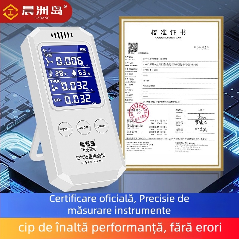 Detector de calitate a aerului cu formaldehidă, CO2 și VOC; încărcare USB; dimensiuni compacte 147×65×25 mm (HCHO 0–1.999 mg/m3, TVOC 0–9.999 mg/m3)