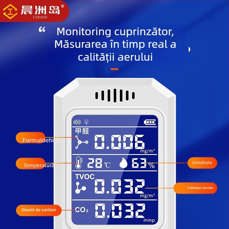 Detector de calitate a aerului cu formaldehidă, CO2 și VOC; încărcare USB; dimensiuni compacte 147×65×25 mm (HCHO 0–1.999 mg/m3, TVOC 0–9.999 mg/m3)