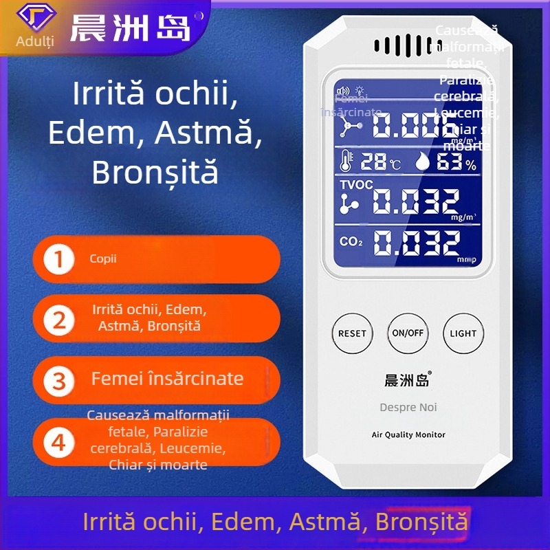 Detector de calitate a aerului cu formaldehidă, CO2 și VOC; încărcare USB; dimensiuni compacte 147×65×25 mm (HCHO 0–1.999 mg/m3, TVOC 0–9.999 mg/m3)