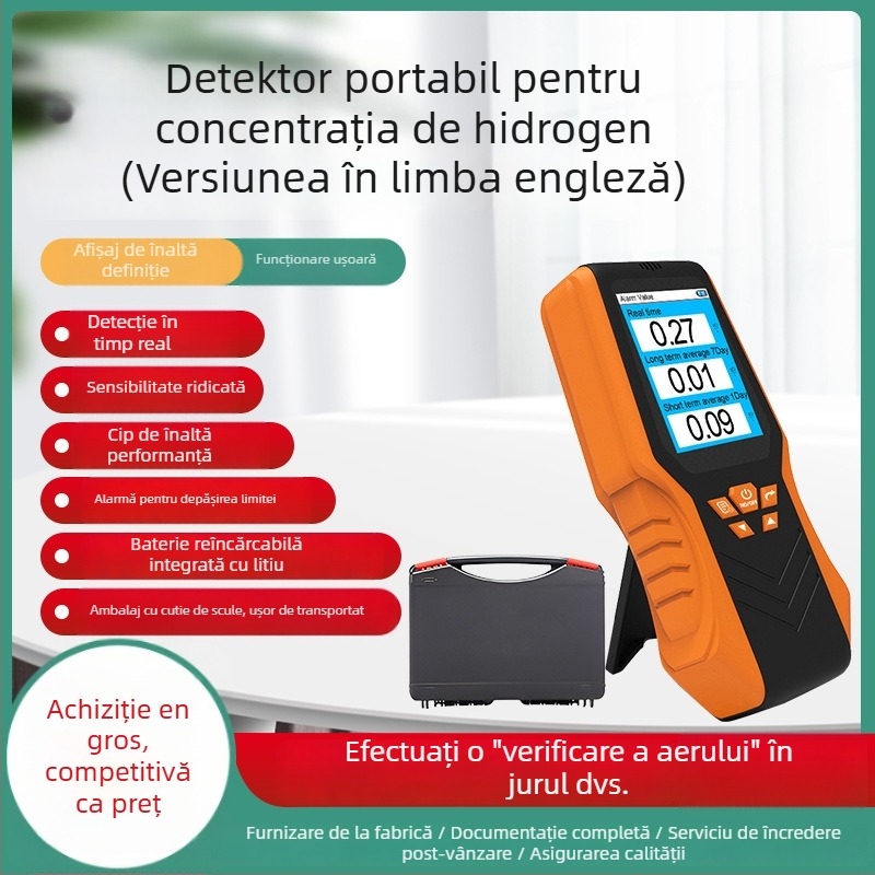 Detector portabil pentru concentrația de radon DM68R — citire în timp real, medii pe termen scurt și lung, interval de măsurare 0–270 pCi/L, precizie 0.01 pCi/L, alimentare USB