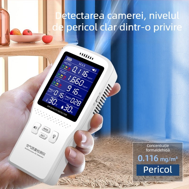 Detector de formaldehidă – tester de înaltă precizie pentru calitatea aerului interior, model B600, interval 0-2.888, precizie 0.001, măsoară formaldehidă, TVOC, CO2 și PM2.5, reîncărcabil