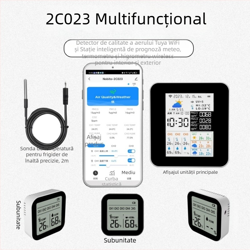 NOBITOR 2CO23 Senzor WiFi de calitate a aerului cu stație meteo – interior/exterior, PM2.5, temperatură, umiditate, interval 0-1000