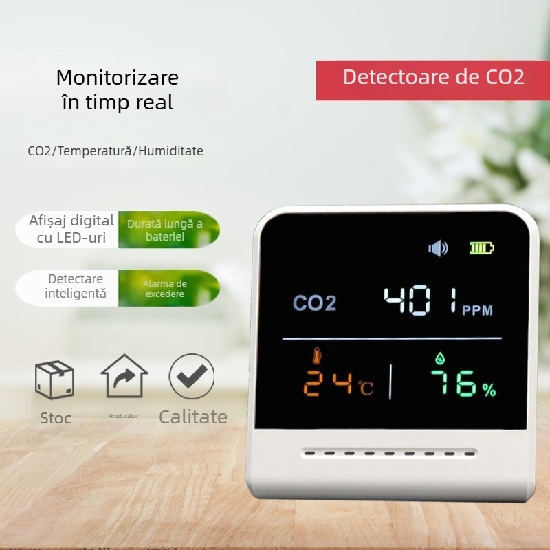 Detector CO2 cu infraroșu pentru interior, model portabil; măsoară CO2, temperatura și umiditatea; interval 400–5000 ppm; precizie 50 ppm; rezoluție 1 ppm; alimentare 5V
