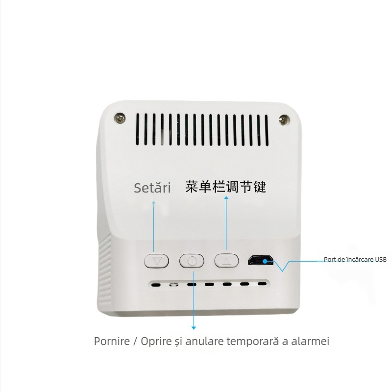 Detector CO2 cu infraroșu pentru interior, model portabil; măsoară CO2, temperatura și umiditatea; interval 400–5000 ppm; precizie 50 ppm; rezoluție 1 ppm; alimentare 5V