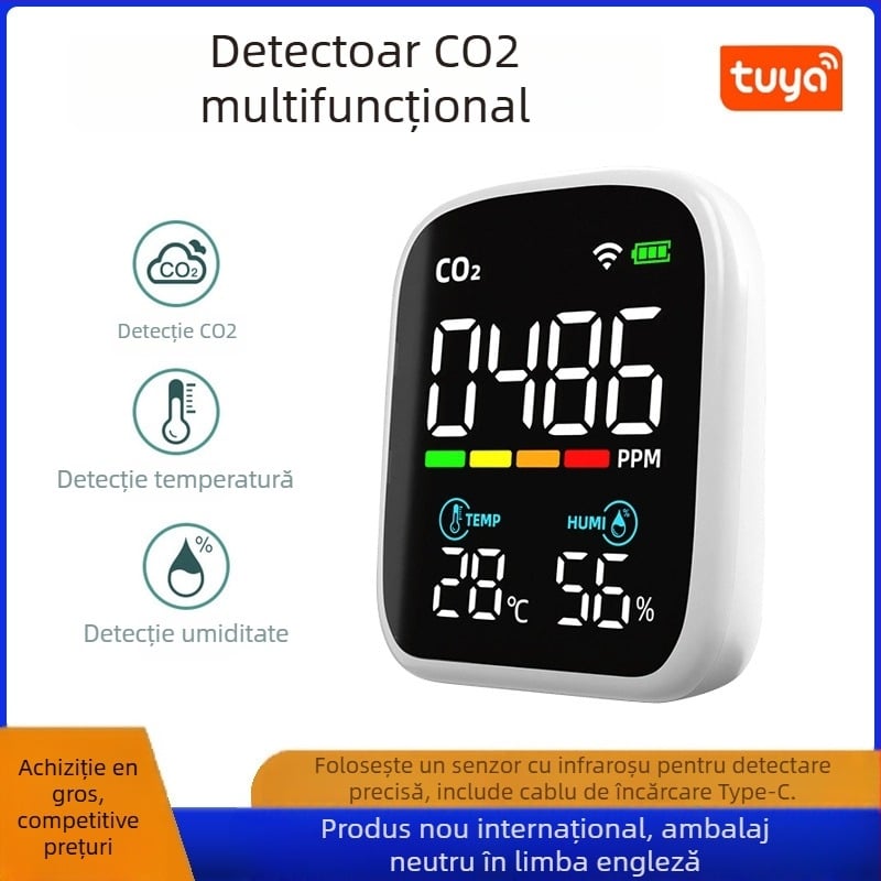 Detector CO2 cu infraroșu, temperatură și umiditate, interval 400-5000 ppm, precizie 1 ppm, rezoluție 1 ppm, alimentare 3.7V, model Pv28aw