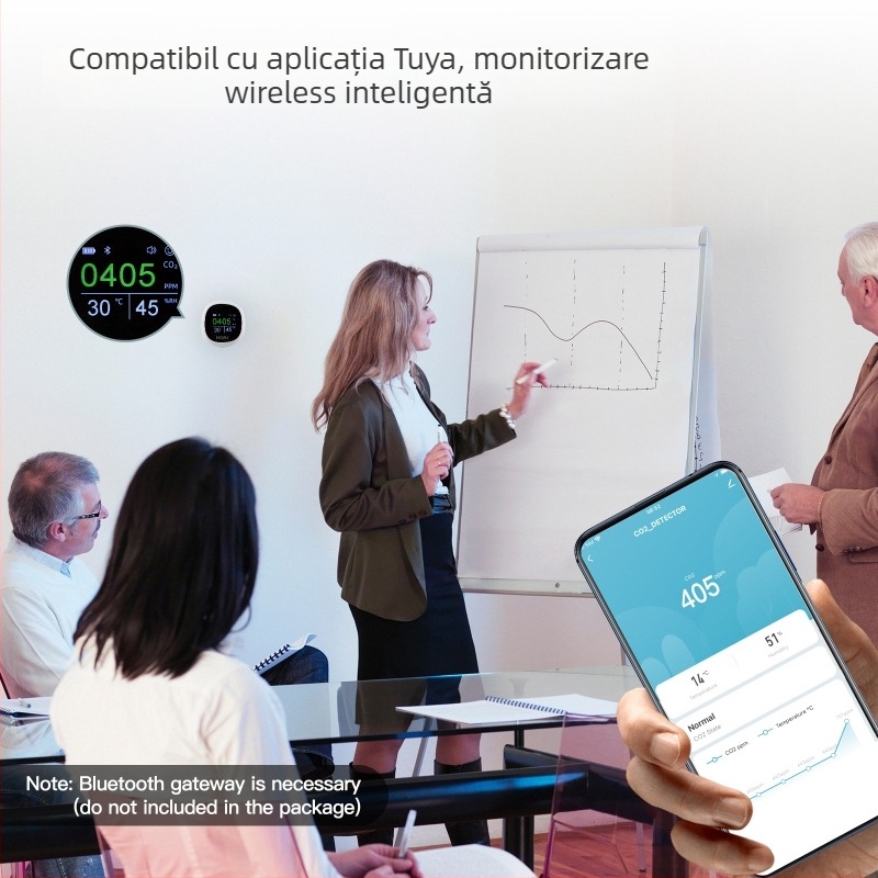 Monitor 3-in-1 CO2, temperatură și umiditate (model BSS-X-CO2-U) cu ecran TFT, interval CO2 400-5000 ppm, temperatură de la -10°C la 99°C, măsurare a umidității