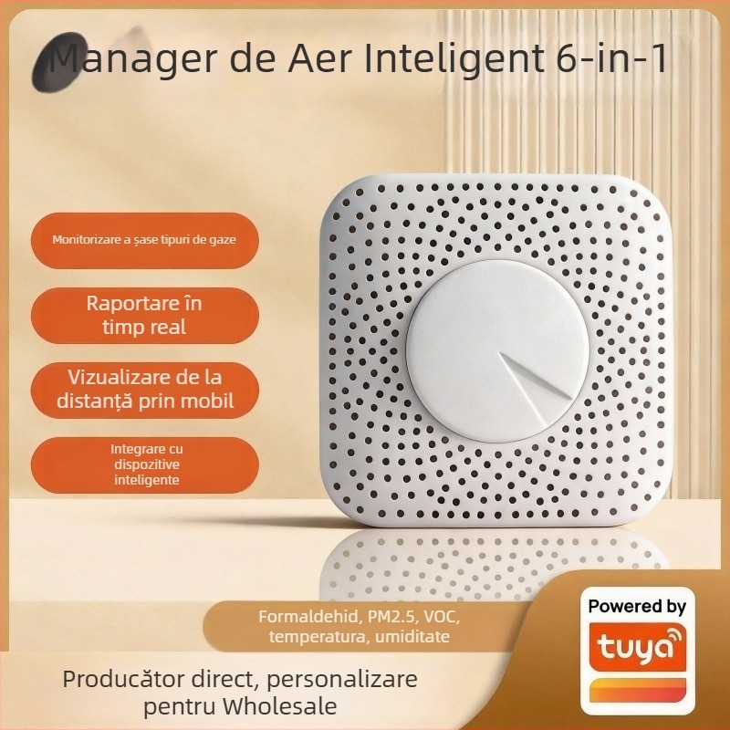 Monitor inteligent de calitate a aerului, 6 în 1 — PM2.5, formaldehidă, VOC, CO2, temperatură și umiditate (pentru spații interioare de până la 100 m²)