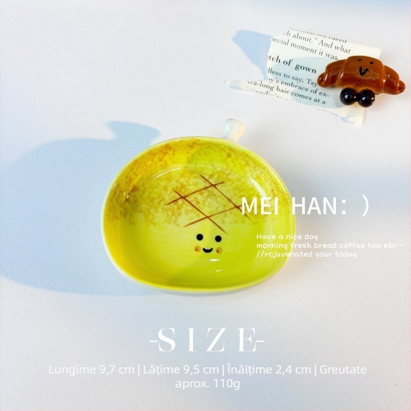 Farfurie ceramică pentru sosuri, în formă de pâine, cu model desen animat, suprafață pictată manual, potrivită pentru cuptor cu microunde