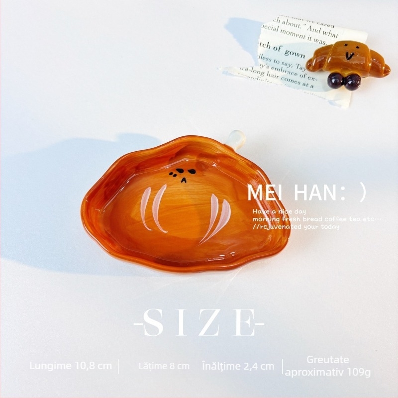 Farfurie ceramică pentru sosuri, în formă de pâine, cu model desen animat, suprafață pictată manual, potrivită pentru cuptor cu microunde