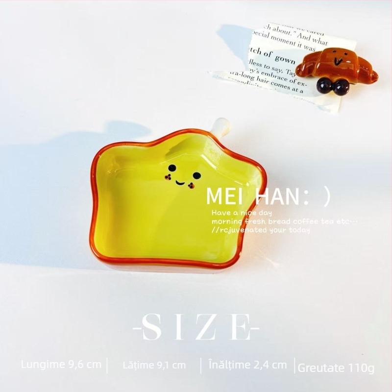 Farfurie ceramică pentru sosuri, în formă de pâine, cu model desen animat, suprafață pictată manual, potrivită pentru cuptor cu microunde