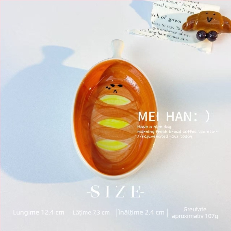 Farfurie ceramică pentru sosuri, în formă de pâine, cu model desen animat, suprafață pictată manual, potrivită pentru cuptor cu microunde