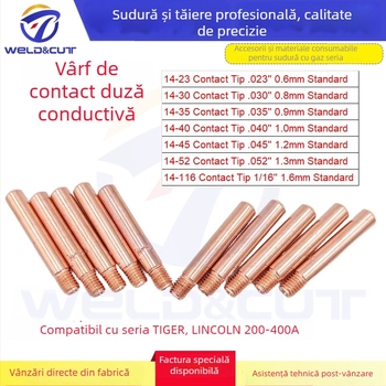 Duză de sudură conductivă din aliaj crom-zirconiu-cupru, în set de două piese, pentru torțe Tweelex/Lincoln 200-400 A cu răcire aer; Modele 14-23/14-30/14-35/14-40/14-45/14-116