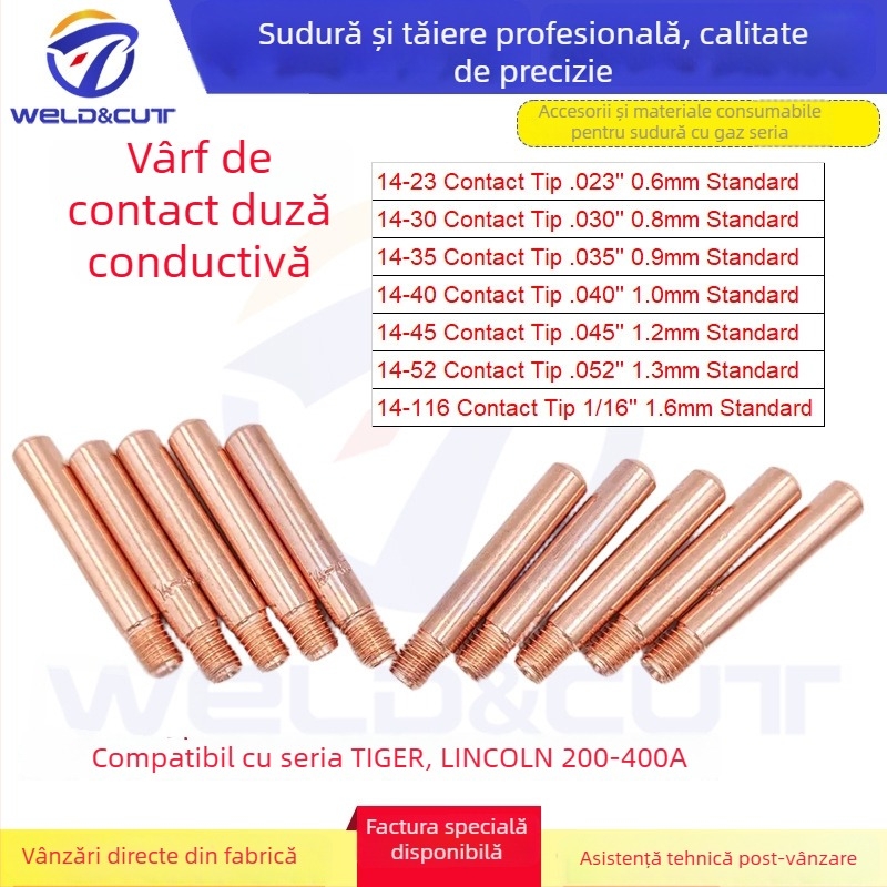 Duză de sudură conductivă din aliaj crom-zirconiu-cupru, în set de două piese, pentru torțe Tweelex/Lincoln 200-400 A cu răcire aer; Modele 14-23/14-30/14-35/14-40/14-45/14-116