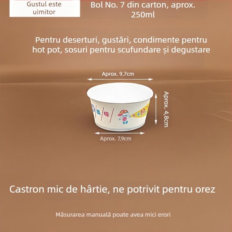 Bol rotund de hârtie, Nr. 7, de unică folosință, pentru înghețată, deserturi și sosuri pentru înmuiere