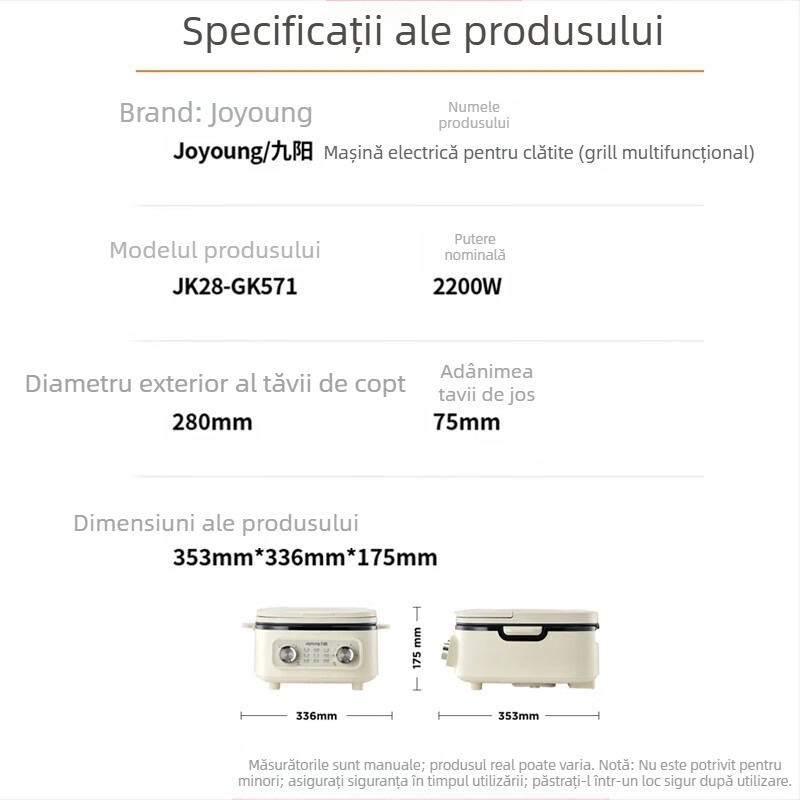 Tigaie electrică pentru clătite JK28-GK571, încălzire dublă, 1000W+, 220V 50Hz, detașabilă și lavabilă