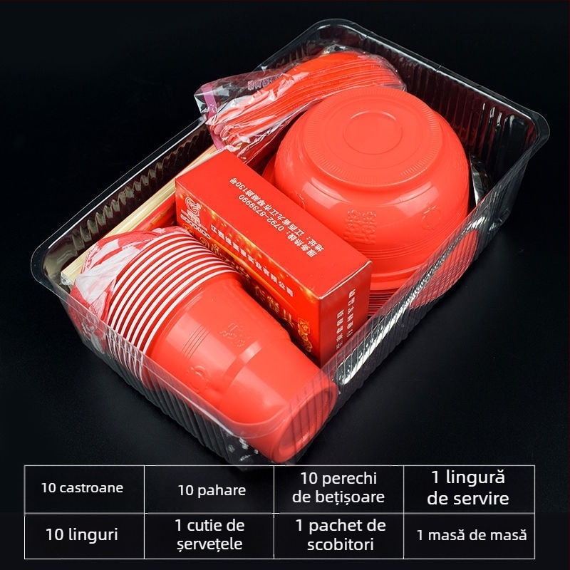 Set de veselă de o singură folosință roșu pentru banchet de nuntă — boluri și pahare pentru 10 persoane; Marcă: Altele; Material: Altele; Imprimare logo; Prelucrare personalizată