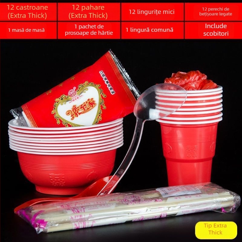 Set de veselă de o singură folosință roșu pentru banchet de nuntă — boluri și pahare pentru 10 persoane; Marcă: Altele; Material: Altele; Imprimare logo; Prelucrare personalizată