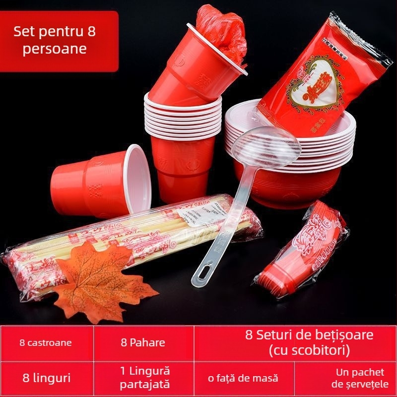 Set de veselă de o singură folosință roșu pentru banchet de nuntă — boluri și pahare pentru 10 persoane; Marcă: Altele; Material: Altele; Imprimare logo; Prelucrare personalizată