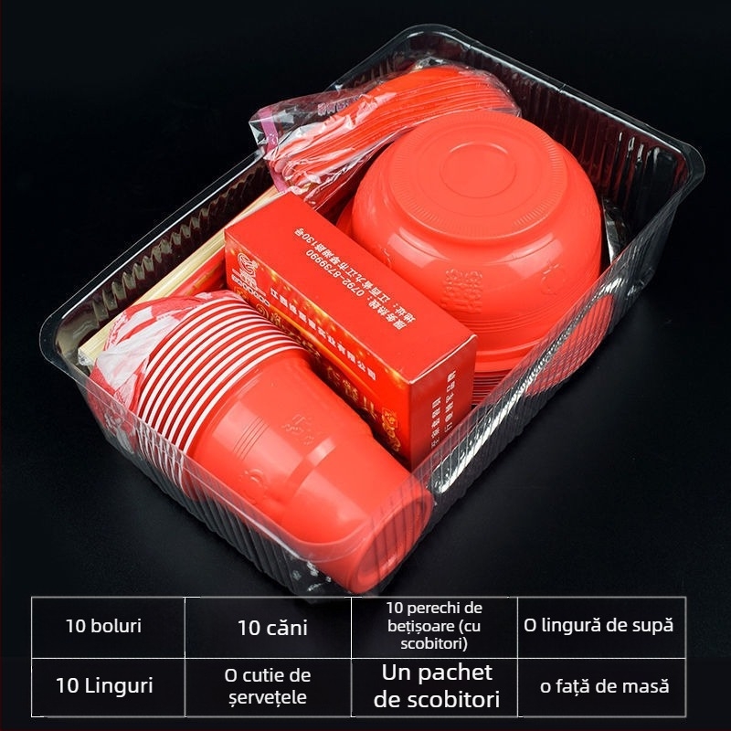 Set de veselă de o singură folosință roșu pentru banchet de nuntă — boluri și pahare pentru 10 persoane; Marcă: Altele; Material: Altele; Imprimare logo; Prelucrare personalizată