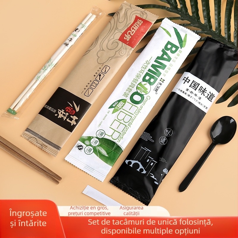 Set de tacâmuri din bambus, de unică folosință, pentru restaurante — Patru în unu: lingură și bețișoare, bețișoare din bambus individuale, personalizare disponibilă