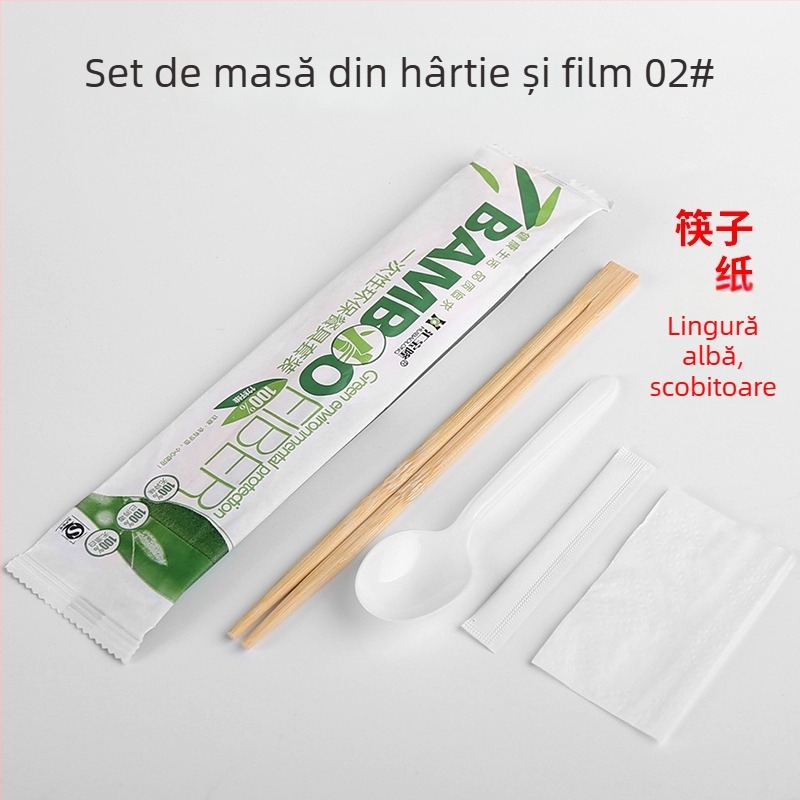 Set de tacâmuri din bambus, de unică folosință, pentru restaurante — Patru în unu: lingură și bețișoare, bețișoare din bambus individuale, personalizare disponibilă