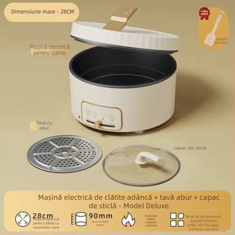 Tava electrică pentru clătite cu încălzire dublă, pentru uz casnic, 1500W, 220V, control mecanic, potrivită pentru 2–3 persoane