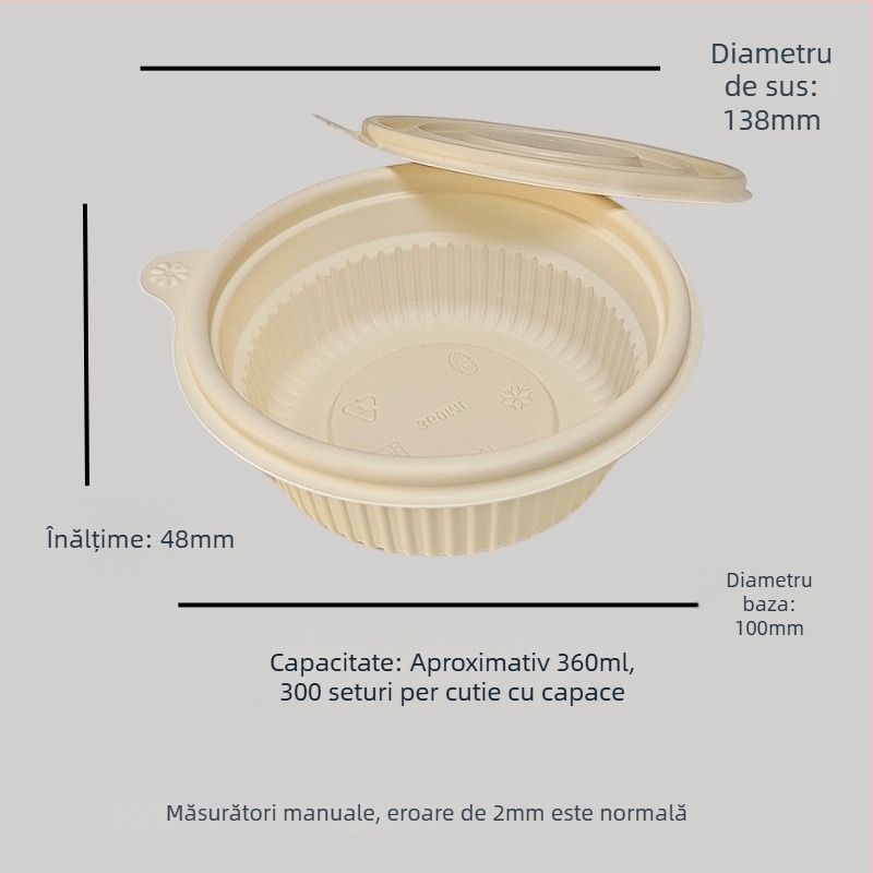 Vas de unică folosință din amidon de porumb, biodegradabil, rezistent la temperaturi înalte, rezistent la ulei și deformare, capacitate 900–1000 ml