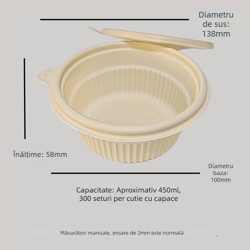 Vas de unică folosință din amidon de porumb, biodegradabil, rezistent la temperaturi înalte, rezistent la ulei și deformare, capacitate 900–1000 ml