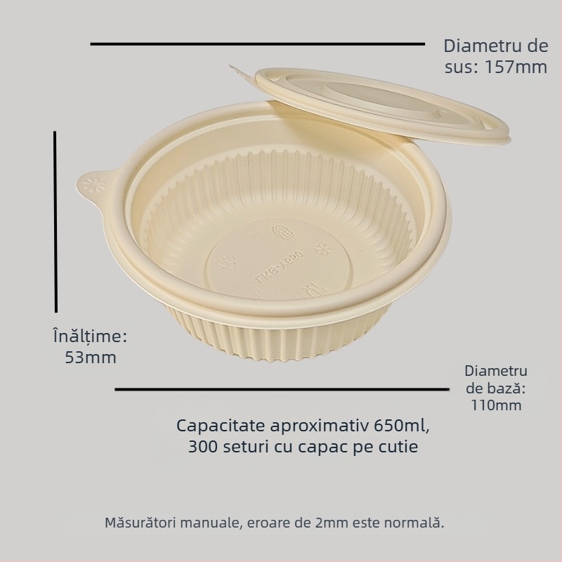 Vas de unică folosință din amidon de porumb, biodegradabil, rezistent la temperaturi înalte, rezistent la ulei și deformare, capacitate 900–1000 ml
