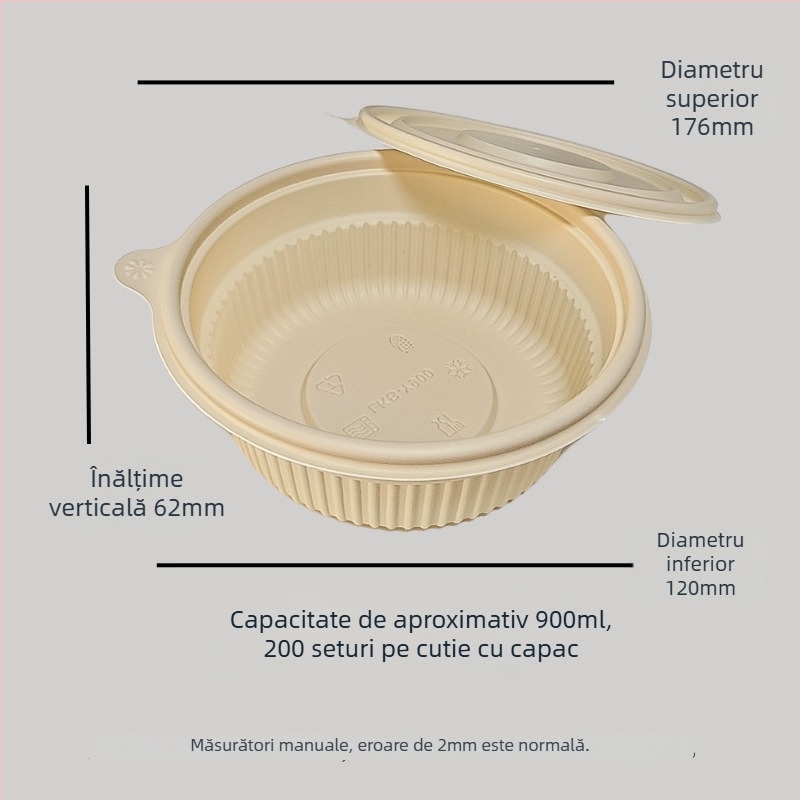 Vas de unică folosință din amidon de porumb, biodegradabil, rezistent la temperaturi înalte, rezistent la ulei și deformare, capacitate 900–1000 ml