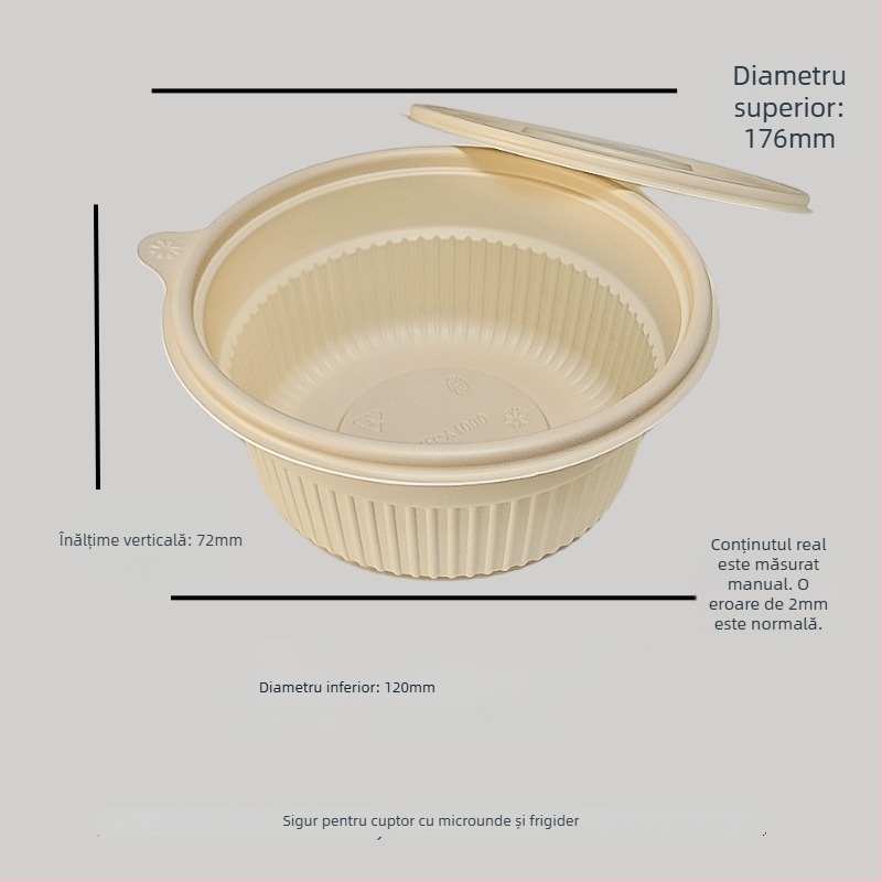 Vas de unică folosință din amidon de porumb, biodegradabil, rezistent la temperaturi înalte, rezistent la ulei și deformare, capacitate 900–1000 ml