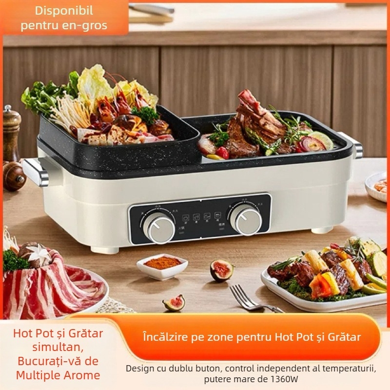 Oală electrică all-in-one pentru hot pot și grătar, 1200–1500W, aliaj de aluminiu, 3–4 porții, design pătrat, 50 x 30,5 x 19 cm, reglaj temperatură