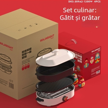 Oală electrică cu grill – corp ceramic, 1201–1500W, capacitate 4–5 L, funcții: prăjire, fierbere, tocană, hot pot, teppanyaki