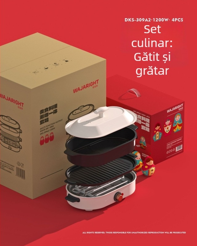 Oală electrică cu grill – corp ceramic, 1201–1500W, capacitate 4–5 L, funcții: prăjire, fierbere, tocană, hot pot, teppanyaki
