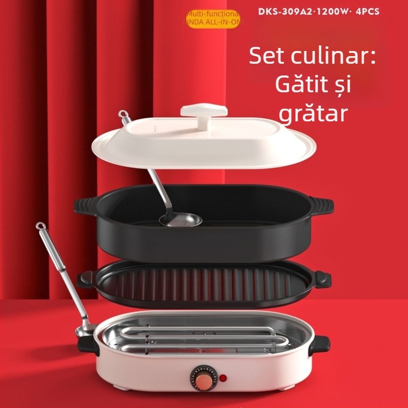 Oală electrică cu grill – corp ceramic, 1201–1500W, capacitate 4–5 L, funcții: prăjire, fierbere, tocană, hot pot, teppanyaki
