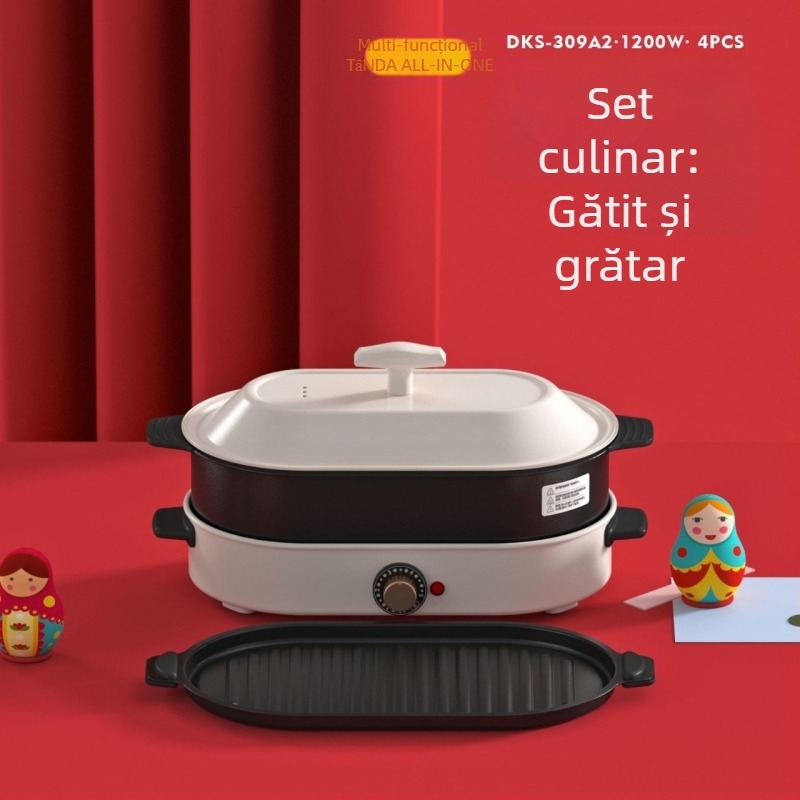 Oală electrică cu grill – corp ceramic, 1201–1500W, capacitate 4–5 L, funcții: prăjire, fierbere, tocană, hot pot, teppanyaki