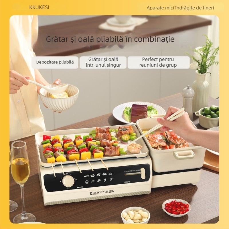 Vas multifuncțional cu abur, sotare, fierbere, hot pot și grătar; 1200–1500 W; pentru 3–4 persoane; control mecanic