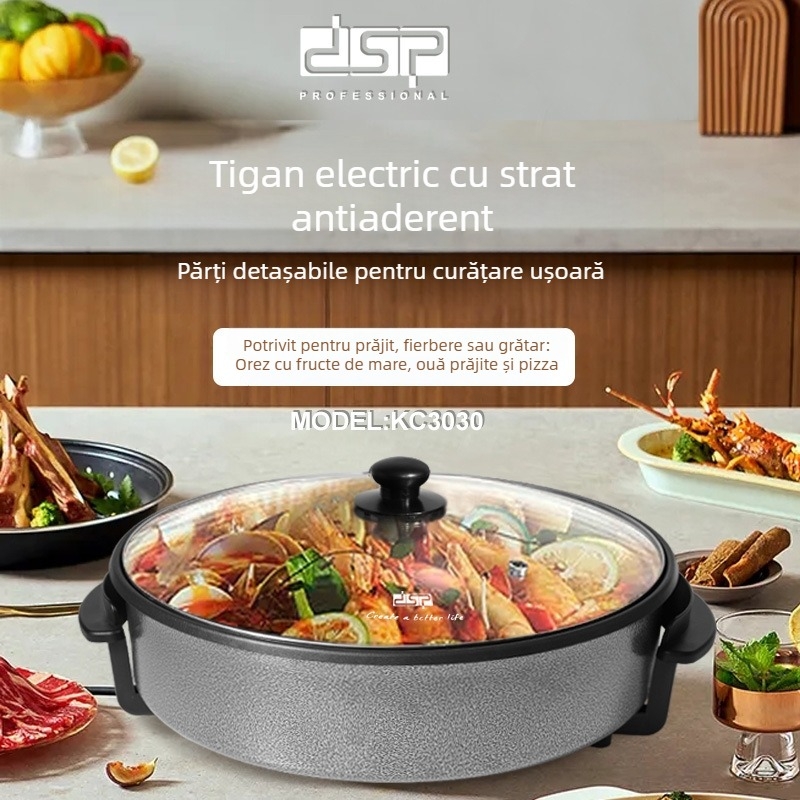 Oală electrică multifuncțională cu interior antiaderent, 1201–1500W; aburi, prăjit, fierbere, tocană; pentru 5–6 porții; temperatură reglabilă