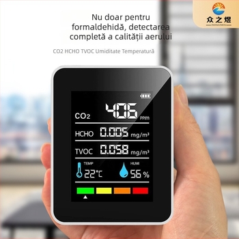 MT05 detector 5 în 1 pentru formaldehidă pentru monitorizarea calității aerului în casă — măsoară temperatura, umiditatea, CO2 și formaldehidă, domeniu de măsurare 400–5000 ppm, precizie 10 ppm, alimentare Type-C