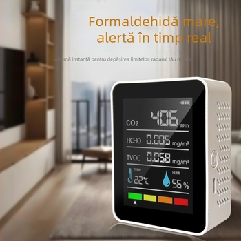 MT05 detector 5 în 1 pentru formaldehidă pentru monitorizarea calității aerului în casă — măsoară temperatura, umiditatea, CO2 și formaldehidă, domeniu de măsurare 400–5000 ppm, precizie 10 ppm, alimentare Type-C