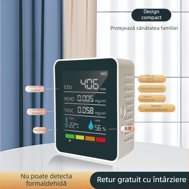 MT05 detector 5 în 1 pentru formaldehidă pentru monitorizarea calității aerului în casă — măsoară temperatura, umiditatea, CO2 și formaldehidă, domeniu de măsurare 400–5000 ppm, precizie 10 ppm, alimentare Type-C