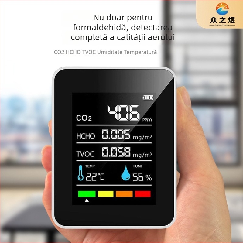MT05 detector 5 în 1 pentru formaldehidă pentru monitorizarea calității aerului în casă — măsoară temperatura, umiditatea, CO2 și formaldehidă, domeniu de măsurare 400–5000 ppm, precizie 10 ppm, alimentare Type-C