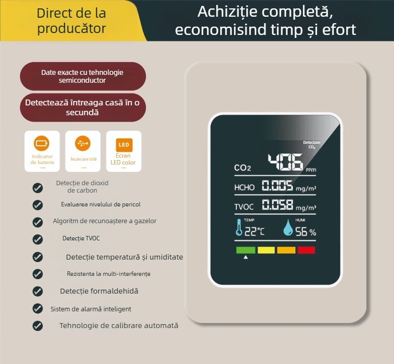 Detector de calitate a aerului MT05: PM2.5/PM10, CO/CO2, temperatură și umiditate, alimentare Type-C