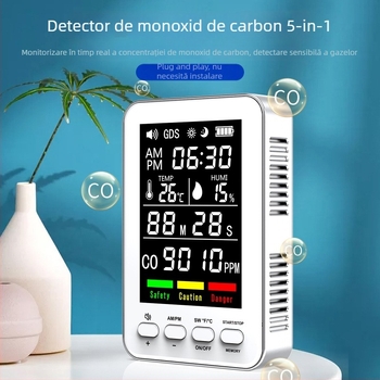 Detector CO portabil cu măsurare temperatură și umiditate și monitor de calitate a aerului (0-999 ppm, precizie 1 ppm, baterie Li‑ion încorporată 900 mAh, 5 V)