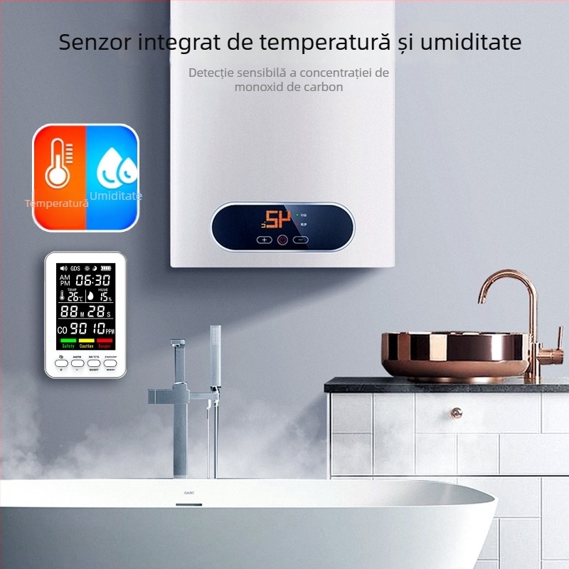 Detector CO portabil cu măsurare temperatură și umiditate și monitor de calitate a aerului (0-999 ppm, precizie 1 ppm, baterie Li‑ion încorporată 900 mAh, 5 V)